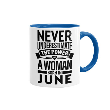 Never Underestimate the poer of a Woman born in..., Mug colored blue, ceramic, 330ml