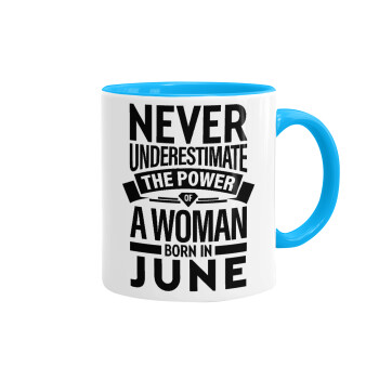 Never Underestimate the poer of a Woman born in..., Mug colored light blue, ceramic, 330ml