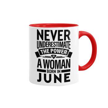 Never Underestimate the poer of a Woman born in..., Mug colored red, ceramic, 330ml