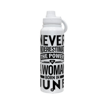 Never Underestimate the poer of a Woman born in..., 1L Stainless Steel Thermal Bottle with Phone Holder & Double Wall Insulation