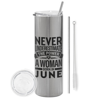 Never Underestimate the poer of a Woman born in..., Eco friendly stainless steel Silver tumbler 600ml, with metal straw & cleaning brush