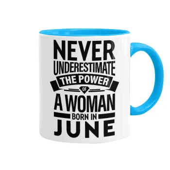 Never Underestimate the poer of a Woman born in..., Κούπα χρωματιστή γαλάζια, κεραμική, 330ml