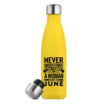 Never Underestimate the poer of a Woman born in..., Yellow Stainless Steel Metallic Thermos, double-walled, 500ml