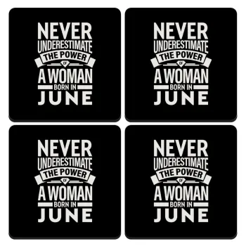 Never Underestimate the poer of a Woman born in..., ΣΕΤ 4 Σουβέρ ξύλινα τετράγωνα (9cm)