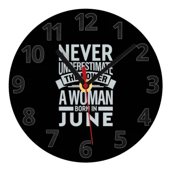 Never Underestimate the poer of a Woman born in..., Ρολόι τοίχου γυάλινο (20cm)