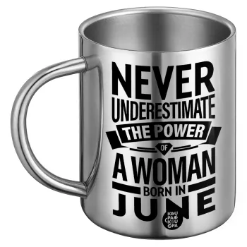 Never Underestimate the poer of a Woman born in..., Ανοξείδωτη Μεταλλική Κούπα 450ml - Διπλού Τοιχώματος