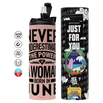Never Underestimate the poer of a Woman born in..., Tumbler ποτήρι θερμό ΡΟΖ από ανοξείδωτο ατσάλι 600ml