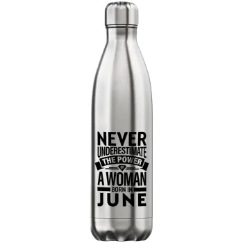 Never Underestimate the poer of a Woman born in..., Inox (Stainless steel) hot metal mug, double wall, 750ml