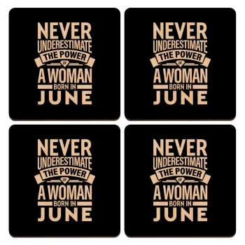 Never Underestimate the poer of a Woman born in..., ΣΕΤ x4 Σουβέρ ξύλινα τετράγωνα plywood (9cm)