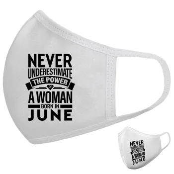 Never Underestimate the poer of a Woman born in..., Μάσκα υφασμάτινη υψηλής άνεσης παιδική (Δώρο πλαστική θήκη)