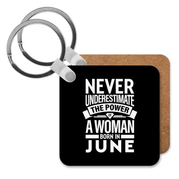 Never Underestimate the poer of a Woman born in..., Μπρελόκ Ξύλινο τετράγωνο MDF