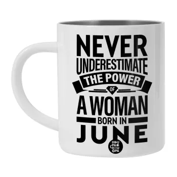 Never Underestimate the poer of a Woman born in..., Λευκή Ανοξείδωτη Μεταλλική Κούπα 450ml - Διπλού Τοιχώματος 