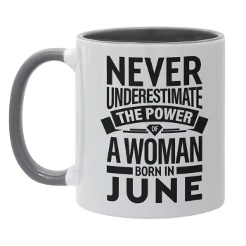 Never Underestimate the poer of a Woman born in..., Mug colored grey, ceramic, 330ml