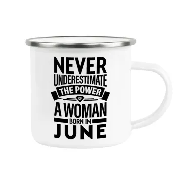 Never Underestimate the poer of a Woman born in..., Κούπα Μεταλλική εμαγιέ λευκη 360ml