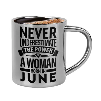 Never Underestimate the poer of a Woman born in..., Κουπάκι μεταλλικό διπλού τοιχώματος για espresso (220ml)