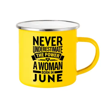 Never Underestimate the poer of a Woman born in..., Yellow Enamel Metallic Cup 360ml