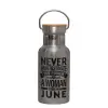 Stainless steel metallic thermos flask, silver with a bamboo lid, double-walled, 350ml.