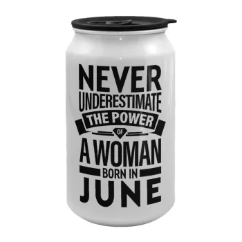 Never Underestimate the poer of a Woman born in..., Κούπα ταξιδιού μεταλλική με καπάκι (tin-can) 500ml