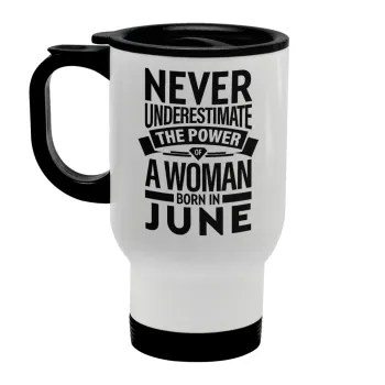 Never Underestimate the poer of a Woman born in..., Stainless steel travel mug with lid, double wall white 450ml