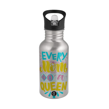 Every mom is a Queen, Water bottle Silver with straw, stainless steel 500ml