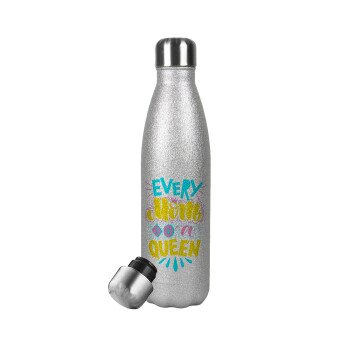 Every mom is a Queen, Μεταλλικό παγούρι θερμός Glitter Aσημένιο (Stainless steel), διπλού τοιχώματος, 500ml