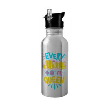 Every mom is a Queen, Water bottle Silver with straw, stainless steel 600ml