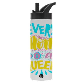Every mom is a Queen, Metallic thermos bottle with straw & handle, stainless steel (Stainless steel 304), double-walled, 600ml.