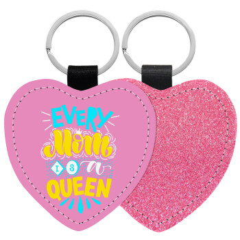 Every mom is a Queen, Μπρελόκ PU δερμάτινο glitter καρδιά ΡΟΖ