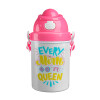 Every mom is a Queen, Ροζ παιδικό παγούρι πλαστικό (BPA-FREE) με καπάκι ασφαλείας, κορδόνι και καλαμάκι, 400ml