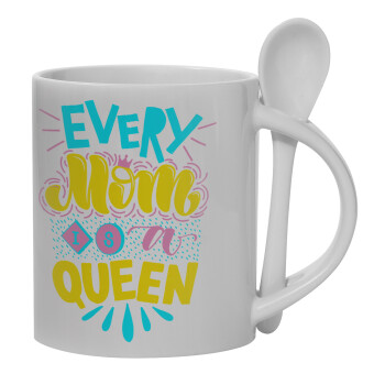 Every mom is a Queen, Ceramic coffee mug with Spoon, 330ml (1pcs)