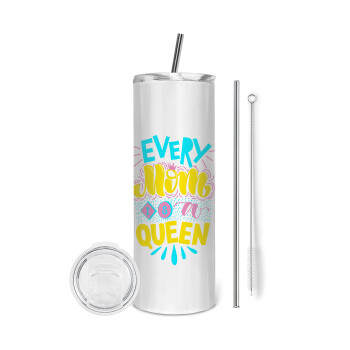 Every mom is a Queen, Eco friendly ποτήρι θερμό (tumbler) από ανοξείδωτο ατσάλι 600ml, με μεταλλικό καλαμάκι & βούρτσα καθαρισμού