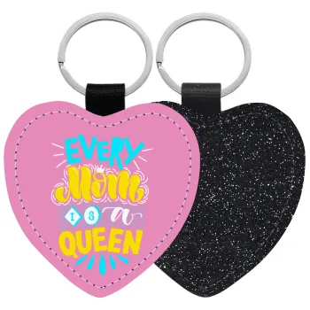 Every mom is a Queen, Μπρελόκ PU δερμάτινο glitter καρδιά ΜΑΥΡΟ