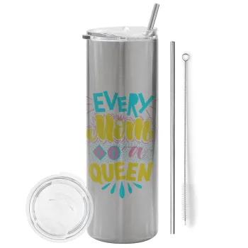 Every mom is a Queen, Tumbler ποτήρι θερμό Ασημένιο από ανοξείδωτο ατσάλι 600ml, με μεταλλικό καλαμάκι & βούρτσα καθαρισμού