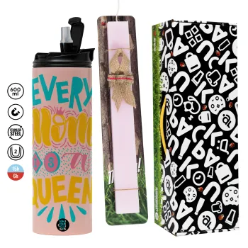 Every mom is a Queen, Πασχαλινή Λαμπάδα με  ΡΟΖ Travel Tumbler θερμό (600ml, BPA free) & κερί αρωματικό πλακέ (30cm) (ΡΟΖ)