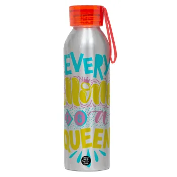 Every mom is a Queen, Aluminum Sports Bottle 650ml – Silver with Red Cap and Silicone Strap