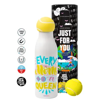 Every mom is a Queen, Tennis ball Metal mug thermos White, double wall, 550ml