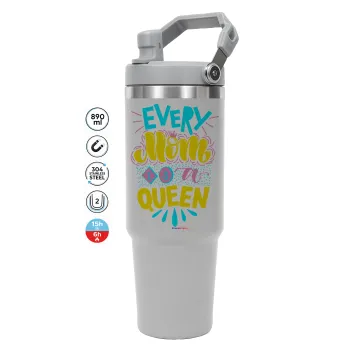 Every mom is a Queen, ΓΚΡΙ Travel Tumbler Θερμός με χερούλι και καλαμάκι 890ml