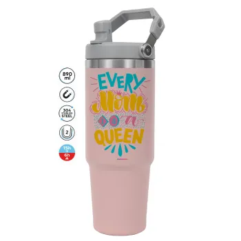Every mom is a Queen, ΡΟΖ Travel Tumbler Θερμός με χερούλι και καλαμάκι 890ml