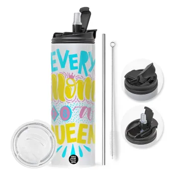 Every mom is a Queen, Travel Tumbler θερμό με διπλό καπάκι, μεταλλικό καλαμάκι και βούρτσα καθαρισμού (Ανωξείδωτο 304 Food grade, BPA free, 600ml)
