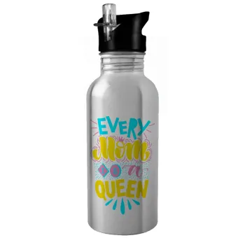 Every mom is a Queen, Water bottle Silver with straw, stainless steel 600ml