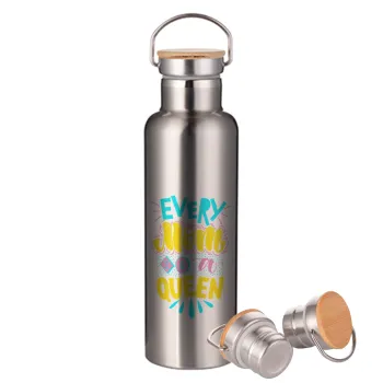 Every mom is a Queen, Stainless steel Silver with wooden lid (bamboo), double wall, 750ml