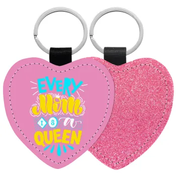 Every mom is a Queen, Μπρελόκ PU δερμάτινο glitter καρδιά ΡΟΖ