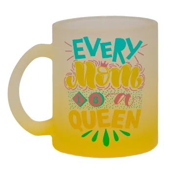 Every mom is a Queen, Κούπα γυάλινη δίχρωμη με βάση το κίτρινο ματ, 330ml