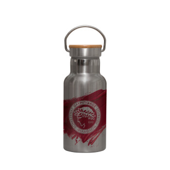 Olympiacos F.C., Μεταλλικό παγούρι θερμός (Stainless steel) Ασημένιο με ξύλινο καπακι (bamboo), διπλού τοιχώματος, 350ml