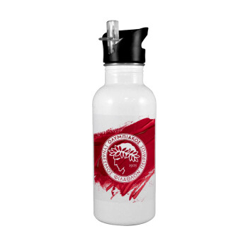 Olympiacos F.C., White water bottle with straw, stainless steel 600ml