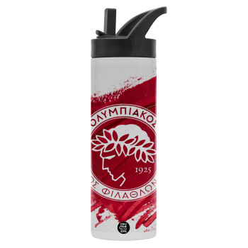 Olympiacos F.C., Μεταλλικό παγούρι θερμός με καλαμάκι & χειρολαβή, ανοξείδωτο ατσάλι (Stainless steel 304), διπλού τοιχώματος, 600ml