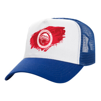 Olympiacos F.C., Adult Structured Trucker Hat, with Mesh, WHITE/BLUE (100% COTTON, ADULT, UNISEX, ONE SIZE)