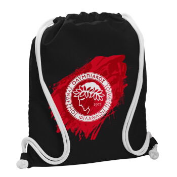 Olympiacos F.C., Τσάντα πλάτης πουγκί GYMBAG Μαύρη, με τσέπη (40x48cm) & χονδρά λευκά κορδόνια