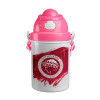 Olympiacos F.C., Ροζ παιδικό παγούρι πλαστικό (BPA-FREE) με καπάκι ασφαλείας, κορδόνι και καλαμάκι, 400ml