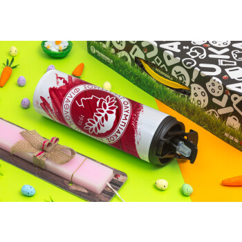 Olympiacos F.C., Easter candle,Travel Tumbler 2 Lids, with metal straw & cleaning brush & aromatic flat candle (30cm) (PINK)